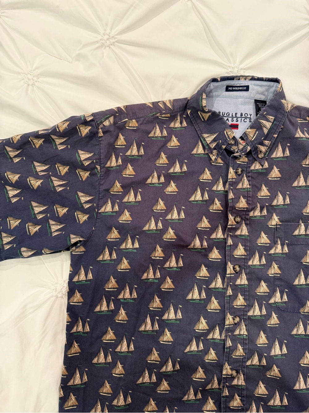 Bugle Boy Classics Mens M Sailboat Boat Graphic Print Button Up Shirt Navy Blue